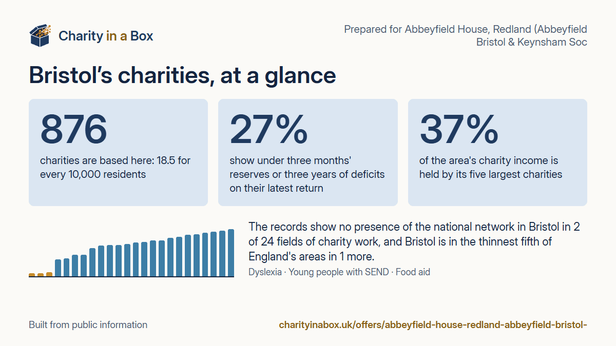 Bristol's charities at a glance. 876 charities are based here: 18.5 for every 10,000 residents. 27% show under three months' reserves or three years of deficits on their latest return. 37% of the area's charity income is held by its five largest charities. The records show no presence of the national network in Bristol in 2 of 24 fields of charity work, and Bristol is in the thinnest fifth of England's areas in 1 more.