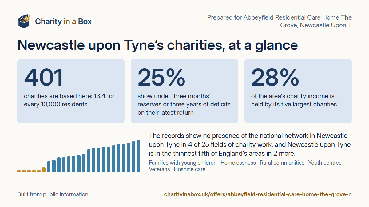 Newcastle upon Tyne's charities at a glance. 401 charities are based here: 13.4 for every 10,000 residents. 25% show under three months' reserves or three years of deficits on their latest return. 28% of the area's charity income is held by its five largest charities. The records show no presence of the national network in Newcastle upon Tyne in 4 of 25 fields of charity work, and Newcastle upon Tyne is in the thinnest fifth of England's areas in 2 more.