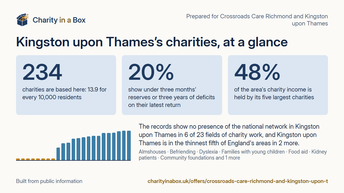 Kingston upon Thames's charities at a glance. 234 charities are based here: 13.9 for every 10,000 residents. 20% show under three months' reserves or three years of deficits on their latest return. 48% of the area's charity income is held by its five largest charities. The records show no presence of the national network in Kingston upon Thames in 6 of 23 fields of charity work, and Kingston upon Thames is in the thinnest fifth of England's areas in 2 more.