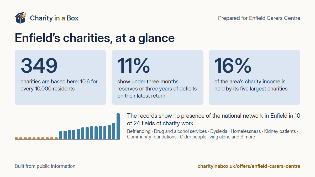 Enfield's charities at a glance. 349 charities are based here: 10.6 for every 10,000 residents. 11% show under three months' reserves or three years of deficits on their latest return. 16% of the area's charity income is held by its five largest charities. The records show no presence of the national network in Enfield in 10 of 24 fields of charity work.
