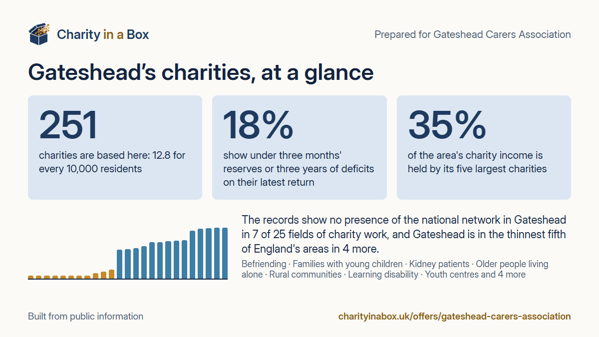 Gateshead's charities at a glance. 251 charities are based here: 12.8 for every 10,000 residents. 18% show under three months' reserves or three years of deficits on their latest return. 35% of the area's charity income is held by its five largest charities. The records show no presence of the national network in Gateshead in 7 of 25 fields of charity work, and Gateshead is in the thinnest fifth of England's areas in 4 more.