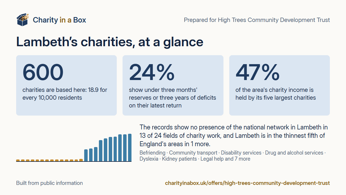 Lambeth's charities at a glance. 600 charities are based here: 18.9 for every 10,000 residents. 24% show under three months' reserves or three years of deficits on their latest return. 47% of the area's charity income is held by its five largest charities. The records show no presence of the national network in Lambeth in 13 of 24 fields of charity work, and Lambeth is in the thinnest fifth of England's areas in 1 more.