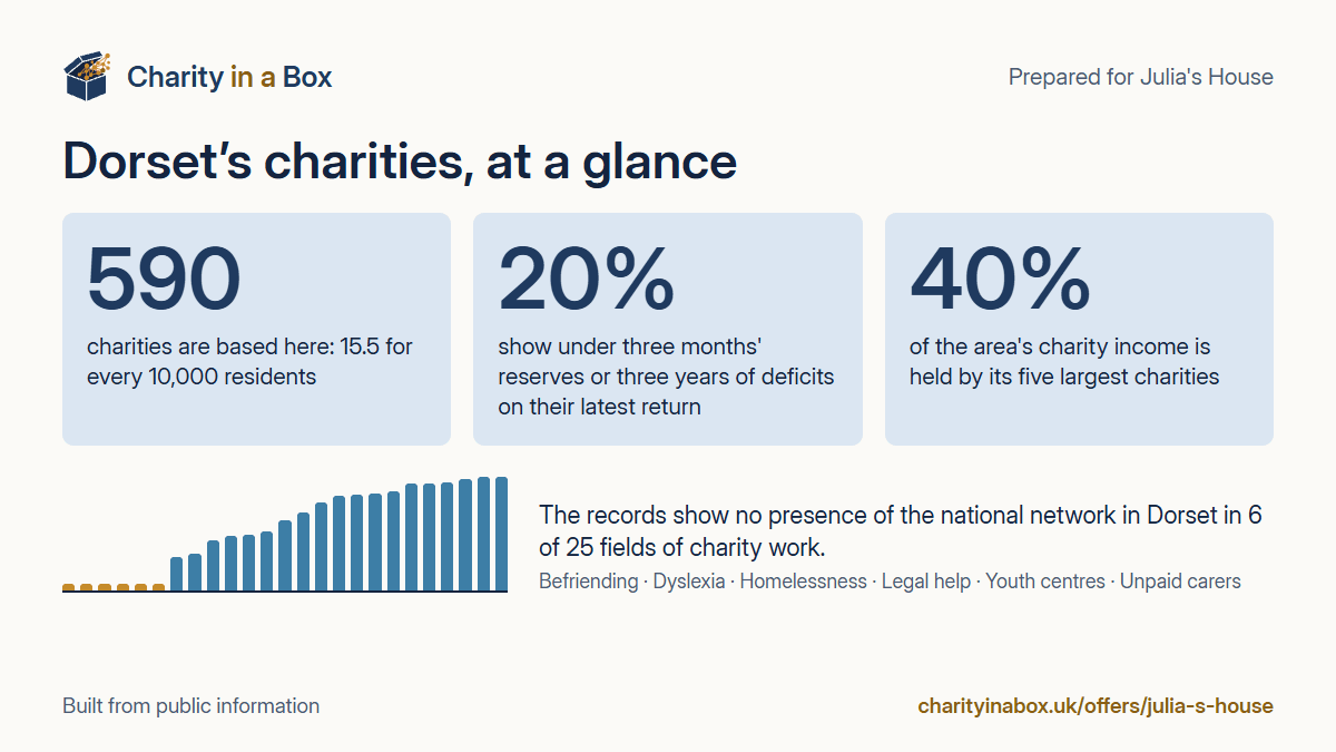 Dorset's charities at a glance. 590 charities are based here: 15.5 for every 10,000 residents. 20% show under three months' reserves or three years of deficits on their latest return. 40% of the area's charity income is held by its five largest charities. The records show no presence of the national network in Dorset in 6 of 25 fields of charity work.
