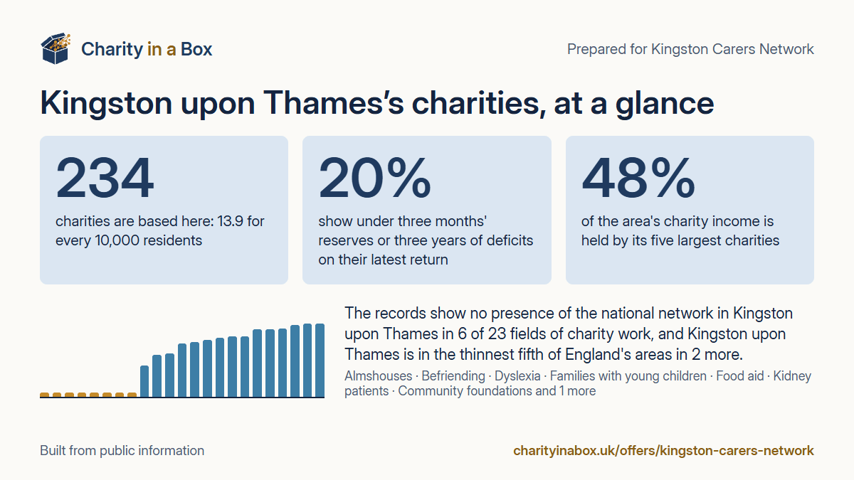 Kingston upon Thames's charities at a glance. 234 charities are based here: 13.9 for every 10,000 residents. 20% show under three months' reserves or three years of deficits on their latest return. 48% of the area's charity income is held by its five largest charities. The records show no presence of the national network in Kingston upon Thames in 6 of 23 fields of charity work, and Kingston upon Thames is in the thinnest fifth of England's areas in 2 more.