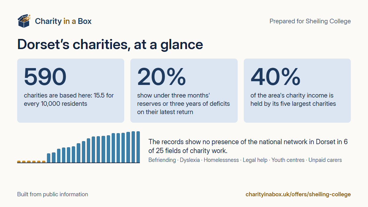 Dorset's charities at a glance. 590 charities are based here: 15.5 for every 10,000 residents. 20% show under three months' reserves or three years of deficits on their latest return. 40% of the area's charity income is held by its five largest charities. The records show no presence of the national network in Dorset in 6 of 25 fields of charity work.