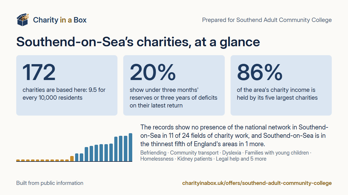 Southend-on-Sea's charities at a glance. 172 charities are based here: 9.5 for every 10,000 residents. 20% show under three months' reserves or three years of deficits on their latest return. 86% of the area's charity income is held by its five largest charities. The records show no presence of the national network in Southend-on-Sea in 11 of 24 fields of charity work, and Southend-on-Sea is in the thinnest fifth of England's areas in 1 more.