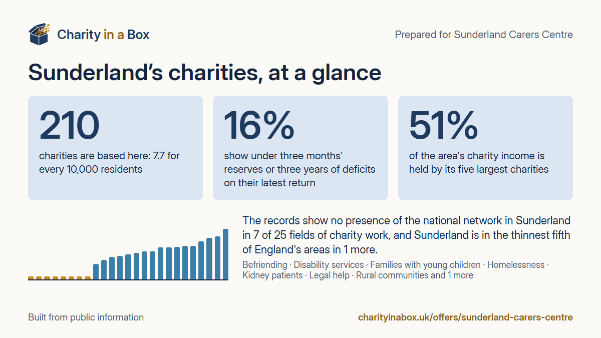 Sunderland's charities at a glance. 210 charities are based here: 7.7 for every 10,000 residents. 16% show under three months' reserves or three years of deficits on their latest return. 51% of the area's charity income is held by its five largest charities. The records show no presence of the national network in Sunderland in 7 of 25 fields of charity work, and Sunderland is in the thinnest fifth of England's areas in 1 more.