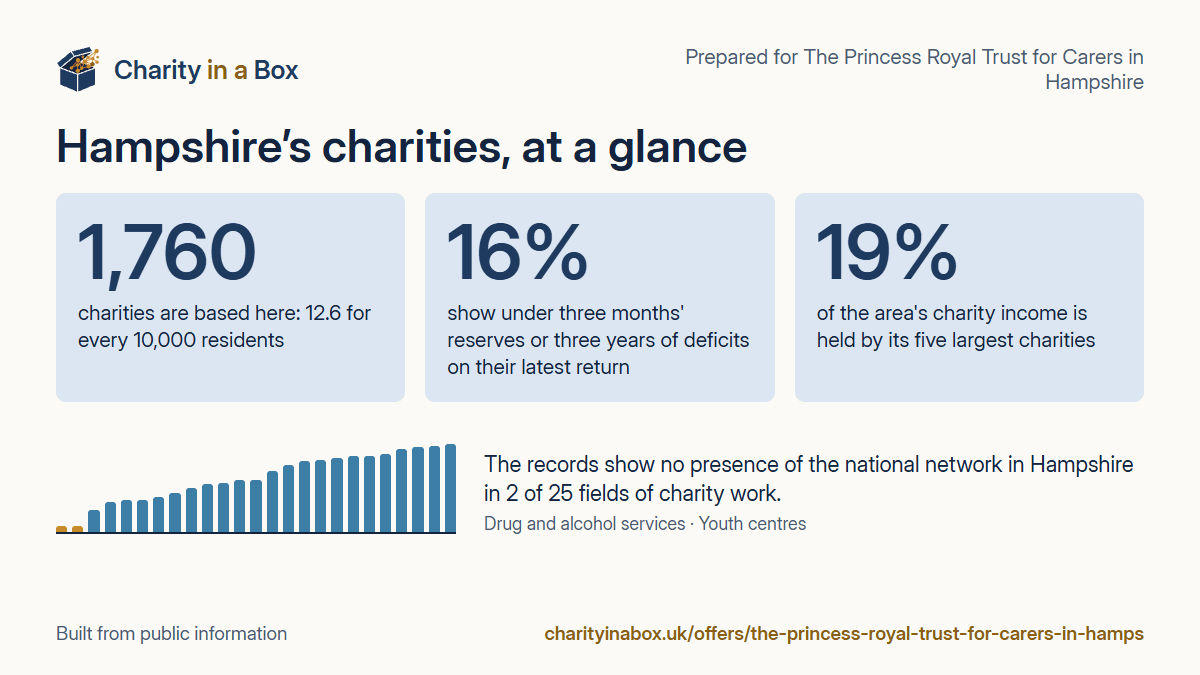 Hampshire's charities at a glance. 1,760 charities are based here: 12.6 for every 10,000 residents. 16% show under three months' reserves or three years of deficits on their latest return. 19% of the area's charity income is held by its five largest charities. The records show no presence of the national network in Hampshire in 2 of 25 fields of charity work.
