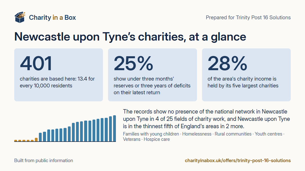 Newcastle upon Tyne's charities at a glance. 401 charities are based here: 13.4 for every 10,000 residents. 25% show under three months' reserves or three years of deficits on their latest return. 28% of the area's charity income is held by its five largest charities. The records show no presence of the national network in Newcastle upon Tyne in 4 of 25 fields of charity work, and Newcastle upon Tyne is in the thinnest fifth of England's areas in 2 more.