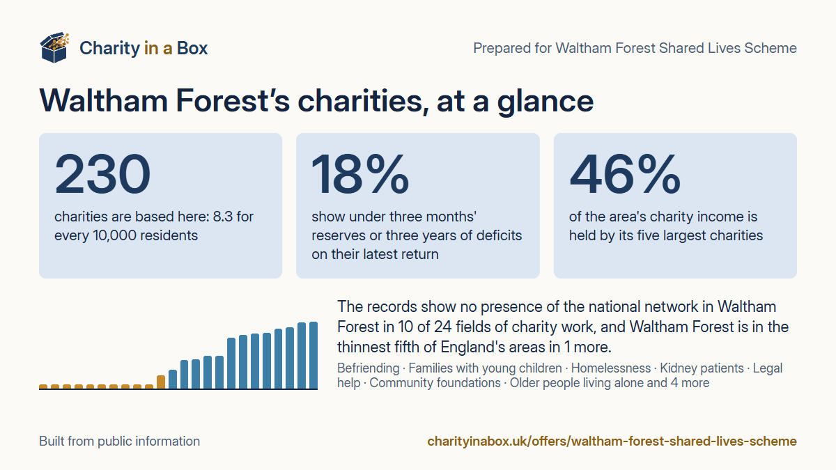 Waltham Forest's charities at a glance. 230 charities are based here: 8.3 for every 10,000 residents. 18% show under three months' reserves or three years of deficits on their latest return. 46% of the area's charity income is held by its five largest charities. The records show no presence of the national network in Waltham Forest in 10 of 24 fields of charity work, and Waltham Forest is in the thinnest fifth of England's areas in 1 more.