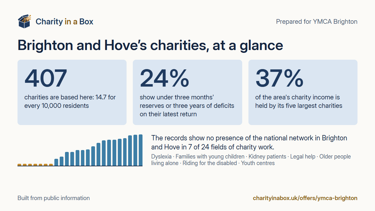 Brighton and Hove's charities at a glance. 407 charities are based here: 14.7 for every 10,000 residents. 24% show under three months' reserves or three years of deficits on their latest return. 37% of the area's charity income is held by its five largest charities. The records show no presence of the national network in Brighton and Hove in 7 of 24 fields of charity work.